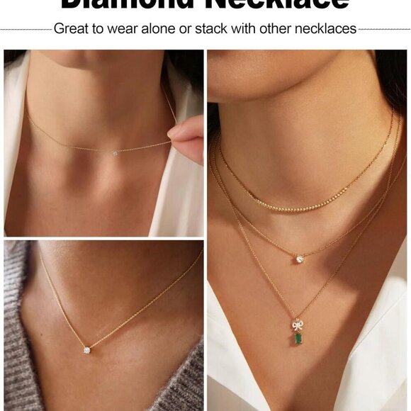 14k Gold Plated Cubic Zirconia Diamond Pendant Necklace Dainty Simple Gold Choke - Picture 5 of 7